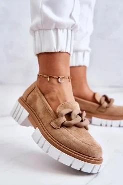 Discount Zamszowe Półbuty Loafery Z Ozdobą Ciemnobeżowe Talisa Damskie Mokasyny Damskie Zamszowe