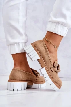 Discount Zamszowe Półbuty Loafery Z Ozdobą Ciemnobeżowe Talisa Damskie Mokasyny Damskie Zamszowe