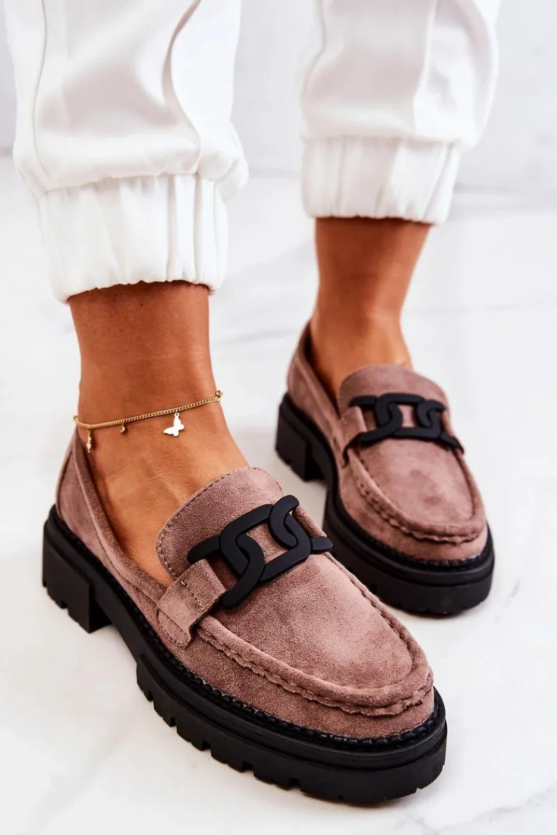 New Zamszowe Półbuty Loafery Z Ozdobą La.Fi 210031TA-SU Cappucino Damskie Mokasyny Damskie Zamszowe