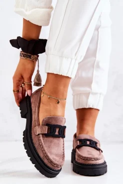 New Zamszowe Półbuty Loafery Z Ozdobą La.Fi 210031TA-SU Cappucino Damskie Mokasyny Damskie Zamszowe