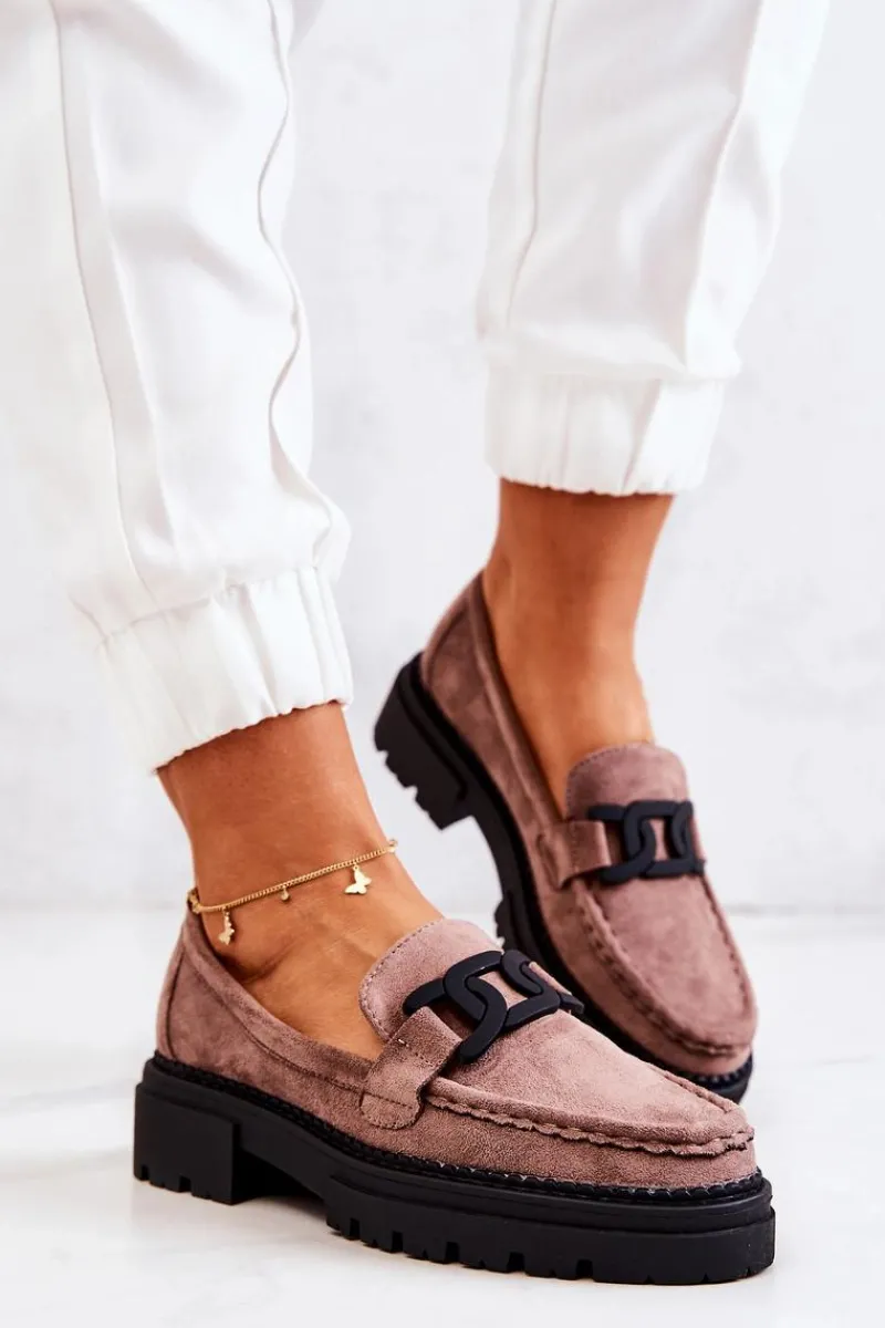 New Zamszowe Półbuty Loafery Z Ozdobą La.Fi 210031TA-SU Cappucino Damskie Mokasyny Damskie Zamszowe