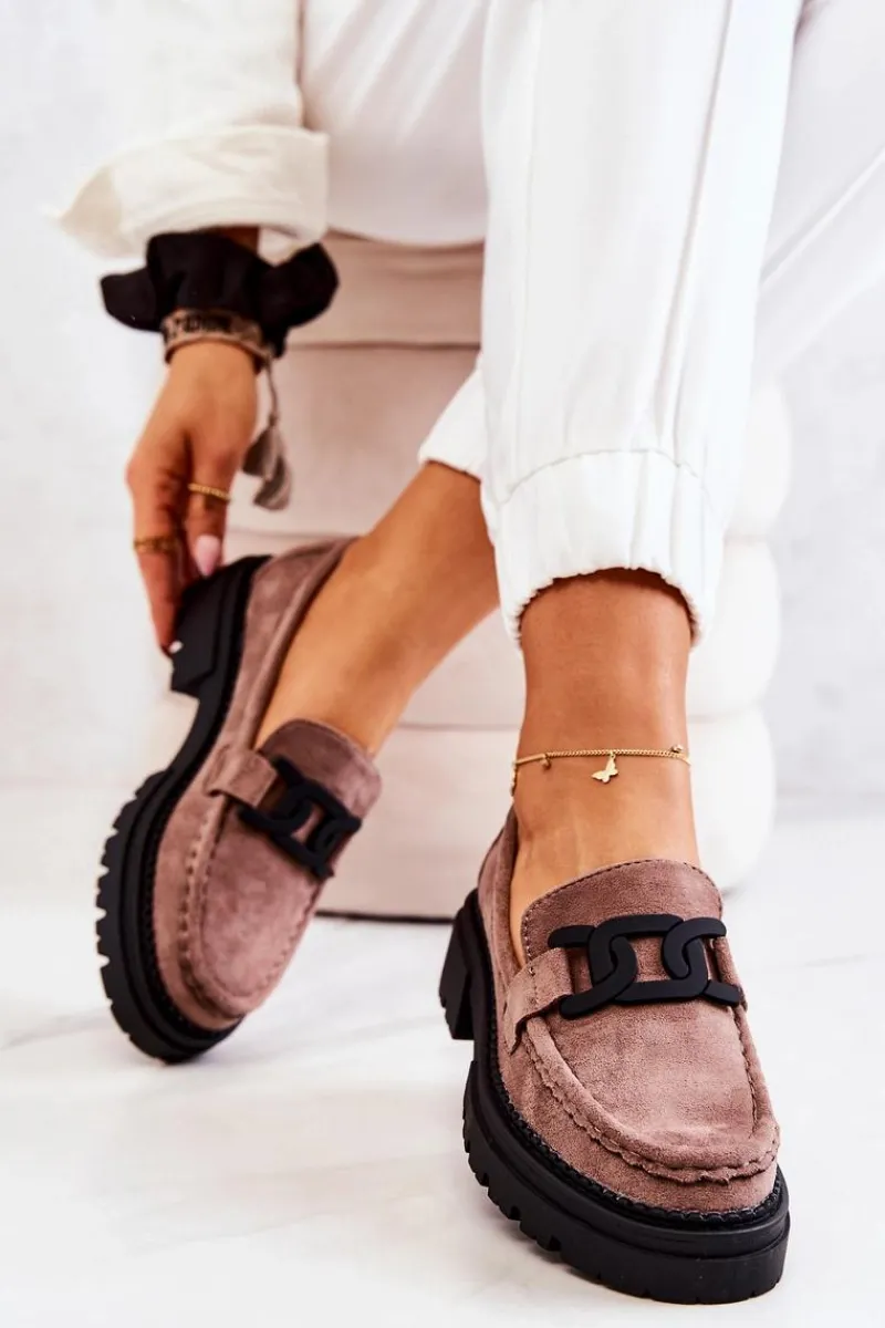 New Zamszowe Półbuty Loafery Z Ozdobą La.Fi 210031TA-SU Cappucino Damskie Mokasyny Damskie Zamszowe