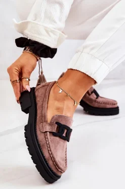 New Zamszowe Półbuty Loafery Z Ozdobą La.Fi 210031TA-SU Cappucino Damskie Mokasyny Damskie Zamszowe