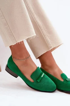 Hot Zamszowe Półbuty Mokasyny Damskie Z Ozdobą D&A LZ51-505 Zielone Damskie Półbuty Skórzane|Mokasyny Damskie Zamszowe