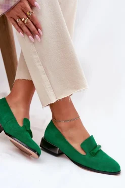 Hot Zamszowe Półbuty Mokasyny Damskie Z Ozdobą D&A LZ51-505 Zielone Damskie Półbuty Skórzane|Mokasyny Damskie Zamszowe