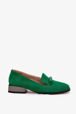 Hot Zamszowe Półbuty Mokasyny Damskie Z Ozdobą D&A LZ51-505 Zielone Damskie Półbuty Skórzane|Mokasyny Damskie Zamszowe