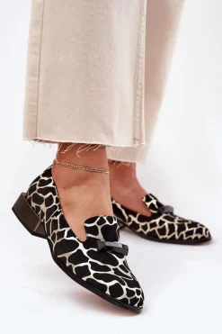 Sale Damskie buty S.Barski Zamszowe Półbuty Mokasyny Damskie Z Ozdobą D&A LZ51-505 Czarno-Złote