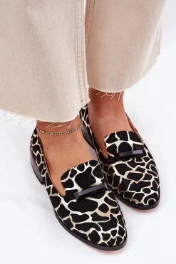 Sale Damskie buty S.Barski Zamszowe Półbuty Mokasyny Damskie Z Ozdobą D&A LZ51-505 Czarno-Złote