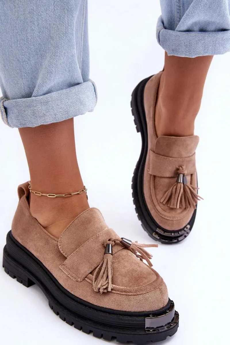 Discount Zamszowe Półbuty Mokasyny Damskie Beżowe Ramvli Damskie Mokasyny Damskie Zamszowe