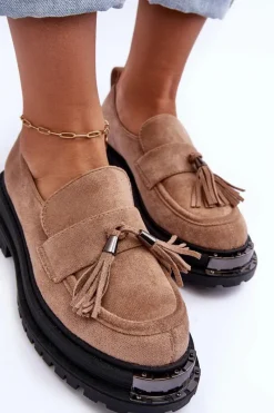 Discount Zamszowe Półbuty Mokasyny Damskie Beżowe Ramvli Damskie Mokasyny Damskie Zamszowe