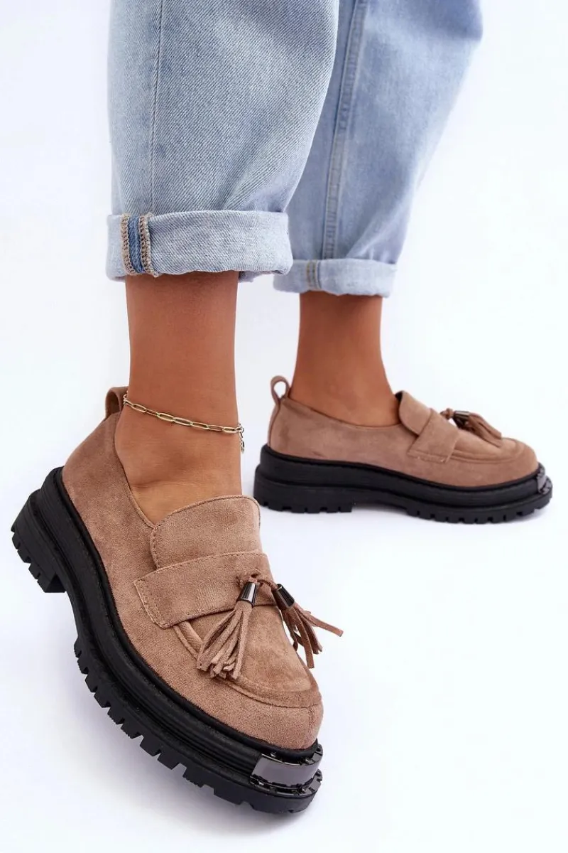 Discount Zamszowe Półbuty Mokasyny Damskie Beżowe Ramvli Damskie Mokasyny Damskie Zamszowe