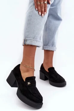 Outlet Boto Zamszowe Półbuty Na Obcasie Damskie Czarne Afnira