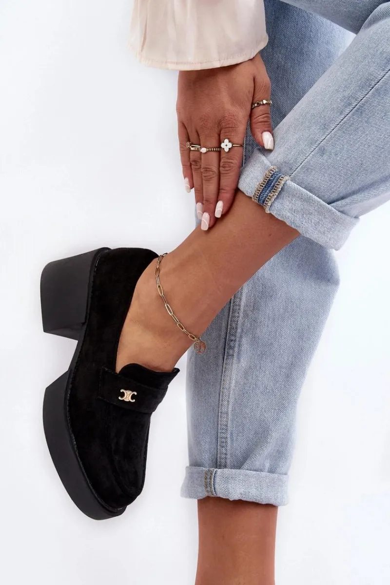 Outlet Boto Zamszowe Półbuty Na Obcasie Damskie Czarne Afnira