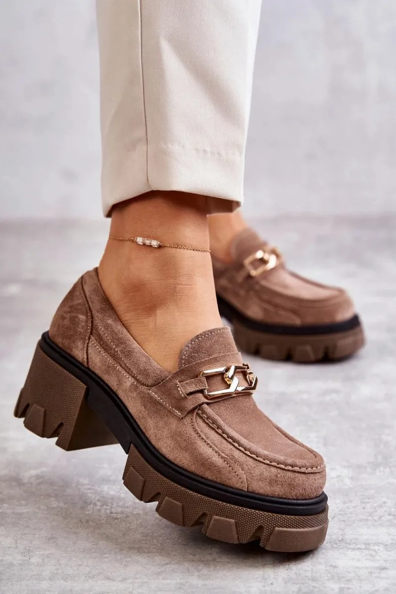 Sale Zamszowe Półbuty Na Obcasie Ze Złotą Ozdobą Brązowe Lemar Lurdes Damskie Półbuty Skórzane|Mokasyny Damskie Zamszowe