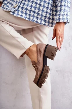 Sale Zamszowe Półbuty Na Obcasie Ze Złotą Ozdobą Brązowe Lemar Lurdes Damskie Półbuty Skórzane|Mokasyny Damskie Zamszowe