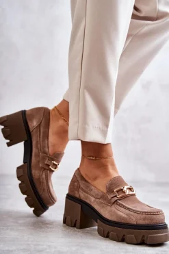 Sale Zamszowe Półbuty Na Obcasie Ze Złotą Ozdobą Brązowe Lemar Lurdes Damskie Półbuty Skórzane|Mokasyny Damskie Zamszowe