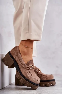 Sale Zamszowe Półbuty Na Obcasie Ze Złotą Ozdobą Brązowe Lemar Lurdes Damskie Półbuty Skórzane|Mokasyny Damskie Zamszowe