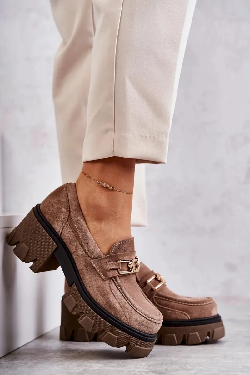 Sale Zamszowe Półbuty Na Obcasie Ze Złotą Ozdobą Brązowe Lemar Lurdes Damskie Półbuty Skórzane|Mokasyny Damskie Zamszowe