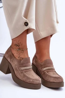 Sale Zamszowe Półbuty Na Słupku Z Ozdobą Beżowe Lemar Gelanor Damskie Półbuty Skórzane