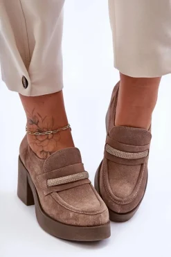 Sale Zamszowe Półbuty Na Słupku Z Ozdobą Beżowe Lemar Gelanor Damskie Półbuty Skórzane