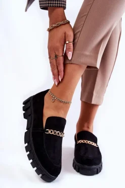 New Zamszowe Półbuty Z Łańcuszkiem Czarne Anne Damskie Mokasyny Damskie Zamszowe
