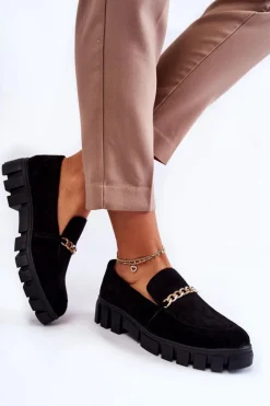 New Zamszowe Półbuty Z Łańcuszkiem Czarne Anne Damskie Mokasyny Damskie Zamszowe