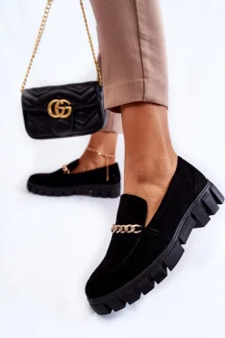 New Zamszowe Półbuty Z Łańcuszkiem Czarne Anne Damskie Mokasyny Damskie Zamszowe
