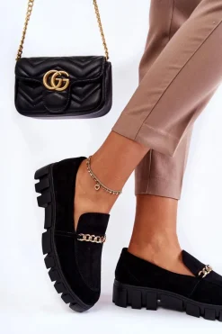 New Zamszowe Półbuty Z Łańcuszkiem Czarne Anne Damskie Mokasyny Damskie Zamszowe