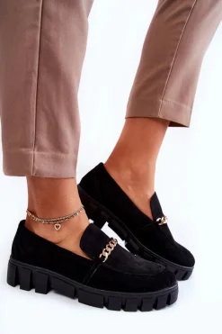 New Zamszowe Półbuty Z Łańcuszkiem Czarne Anne Damskie Mokasyny Damskie Zamszowe