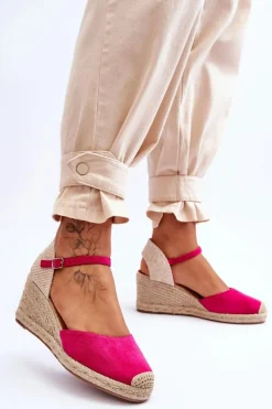 Boto Zamszowe Sandałki Espadryle Na Koturnie Fuksja Cammer