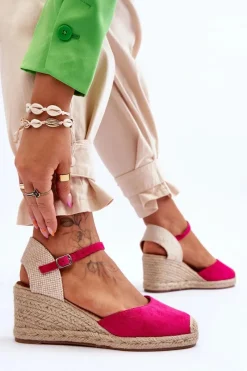 Boto Zamszowe Sandałki Espadryle Na Koturnie Fuksja Cammer