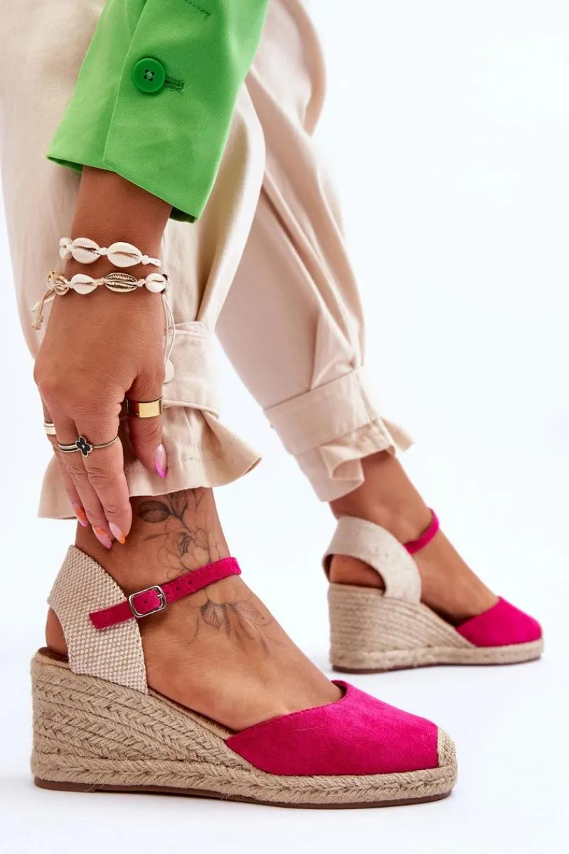 Boto Zamszowe Sandałki Espadryle Na Koturnie Fuksja Cammer