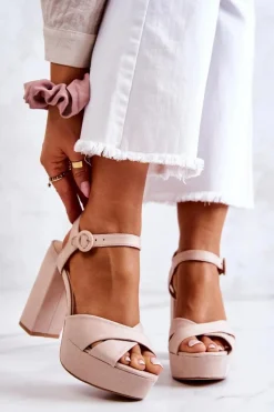 Discount Boto Zamszowe Sandałki Na Obcasie Beżowe Semilla