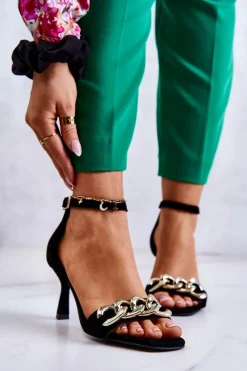 Clearance Zamszowe Sandałki Na Obcasie 2366 Czarne Damskie Sandały Na Obcasie