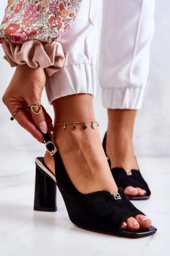 Sandały Na Obcasie>Damskie buty S.Barski Zamszowe Sandałki Na Słupku Czarne Fiorine