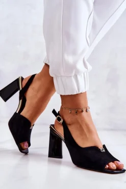 Sandały Na Obcasie>Damskie buty S.Barski Zamszowe Sandałki Na Słupku Czarne Fiorine