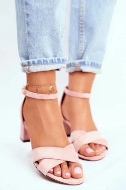 Best Boto Zamszowe Sandałki na Słupku Różowe Nela