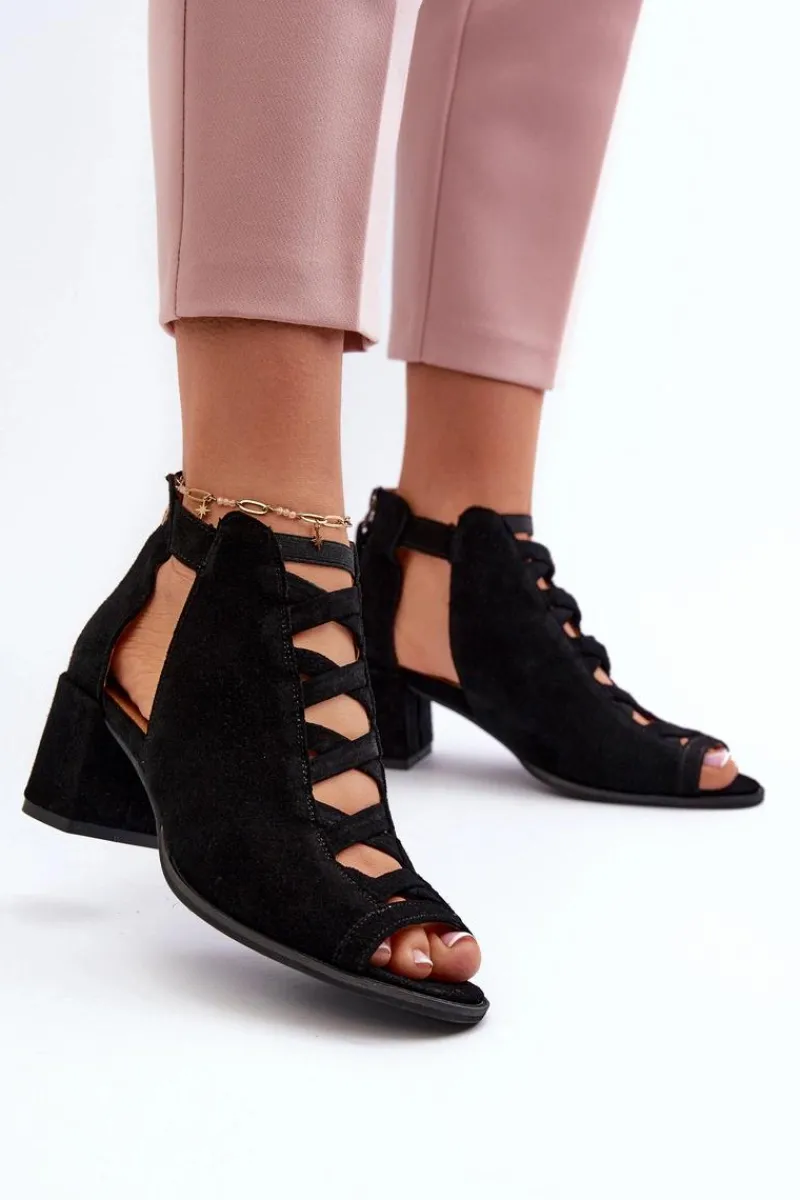 Discount Zamszowe Sandały Damskie Na Obcasie 06456-01 Czarne Damskie Sandały Na Obcasie