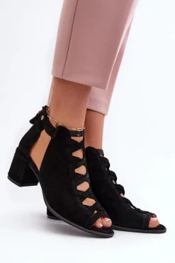 Discount Zamszowe Sandały Damskie Na Obcasie 06456-01 Czarne Damskie Sandały Na Obcasie