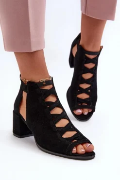 Discount Zamszowe Sandały Damskie Na Obcasie 06456-01 Czarne Damskie Sandały Na Obcasie