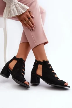 Discount Zamszowe Sandały Damskie Na Obcasie 06456-01 Czarne Damskie Sandały Na Obcasie