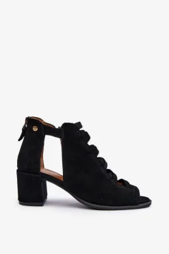 Discount Zamszowe Sandały Damskie Na Obcasie 06456-01 Czarne Damskie Sandały Na Obcasie