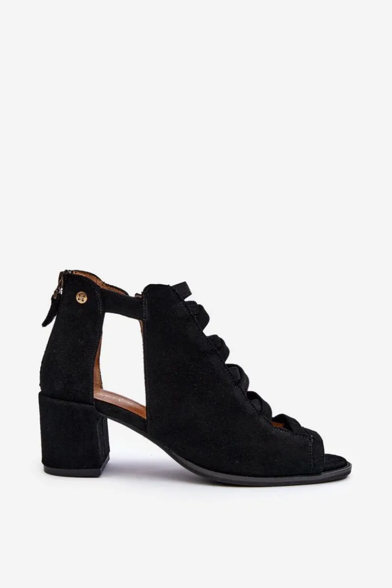 Discount Zamszowe Sandały Damskie Na Obcasie 06456-01 Czarne Damskie Sandały Na Obcasie