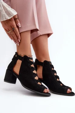 Discount Zamszowe Sandały Damskie Na Obcasie 06456-01 Czarne Damskie Sandały Na Obcasie