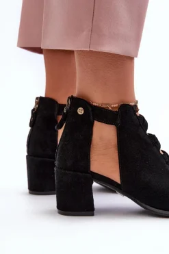Discount Zamszowe Sandały Damskie Na Obcasie 06456-01 Czarne Damskie Sandały Na Obcasie