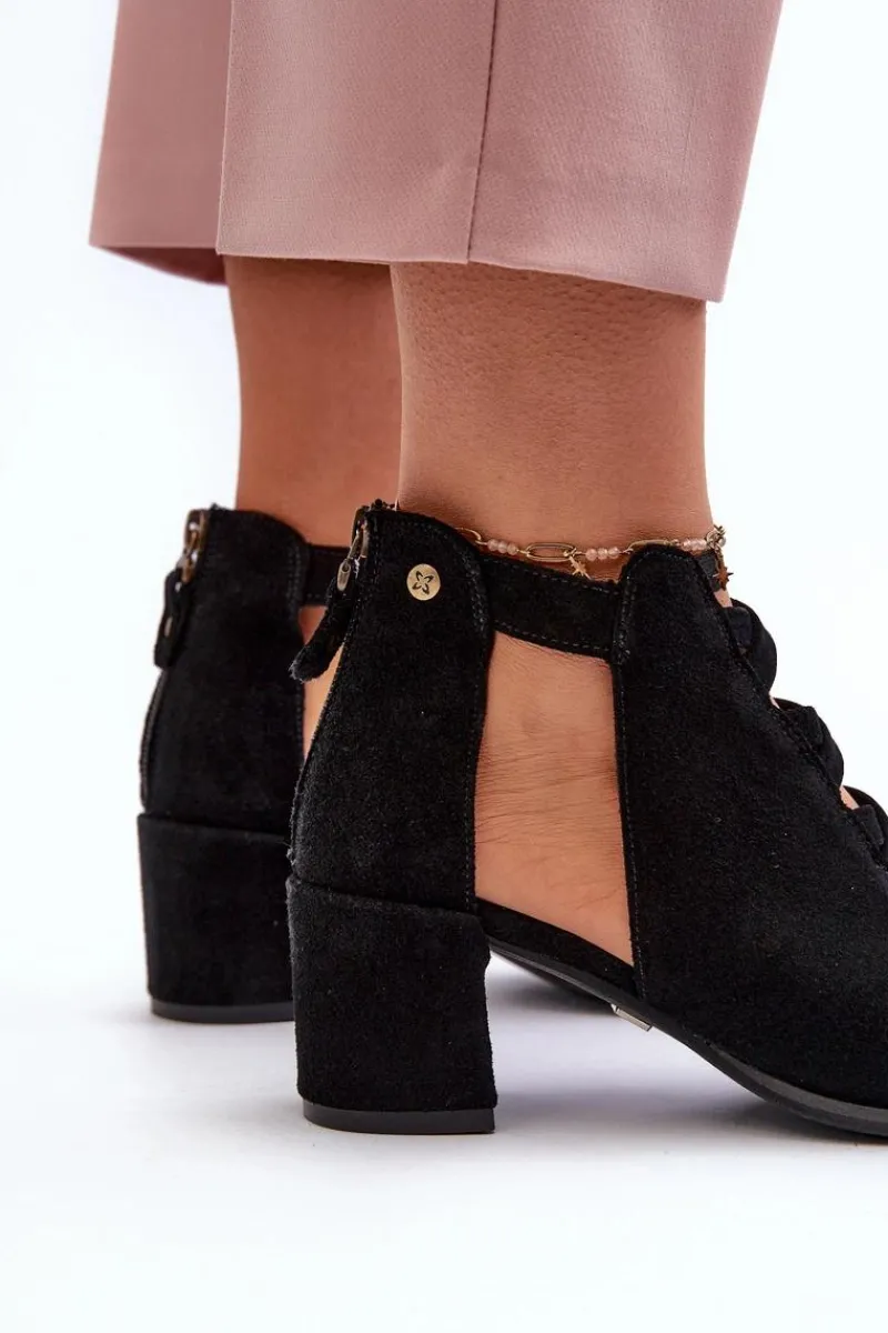 Discount Zamszowe Sandały Damskie Na Obcasie 06456-01 Czarne Damskie Sandały Na Obcasie