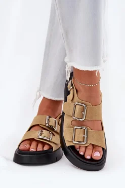 Sandały Big Star|Sandały Płaskie>Big Star Shoes Zamszowe Sandały Damskie Z Klamrami Big Star RR274665 Beżowe Beżowy