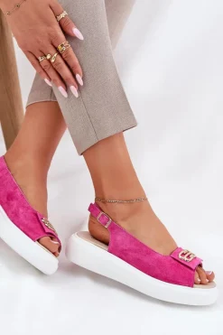 Sandały Na Koturnie>Damskie buty S.Barski Zamszowe Sandały Damskie Ze Złotym Detalem S.Barski GR51-604 Fuksja