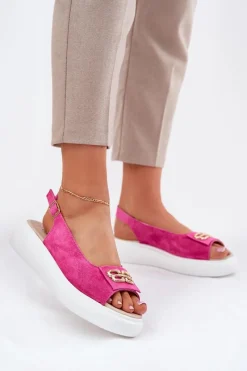 Sandały Na Koturnie>Damskie buty S.Barski Zamszowe Sandały Damskie Ze Złotym Detalem S.Barski GR51-604 Fuksja