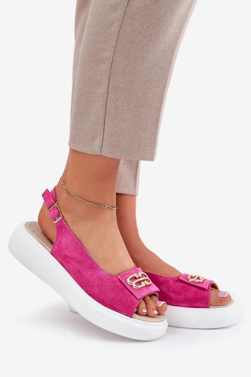 Sandały Na Koturnie>Damskie buty S.Barski Zamszowe Sandały Damskie Ze Złotym Detalem S.Barski GR51-604 Fuksja